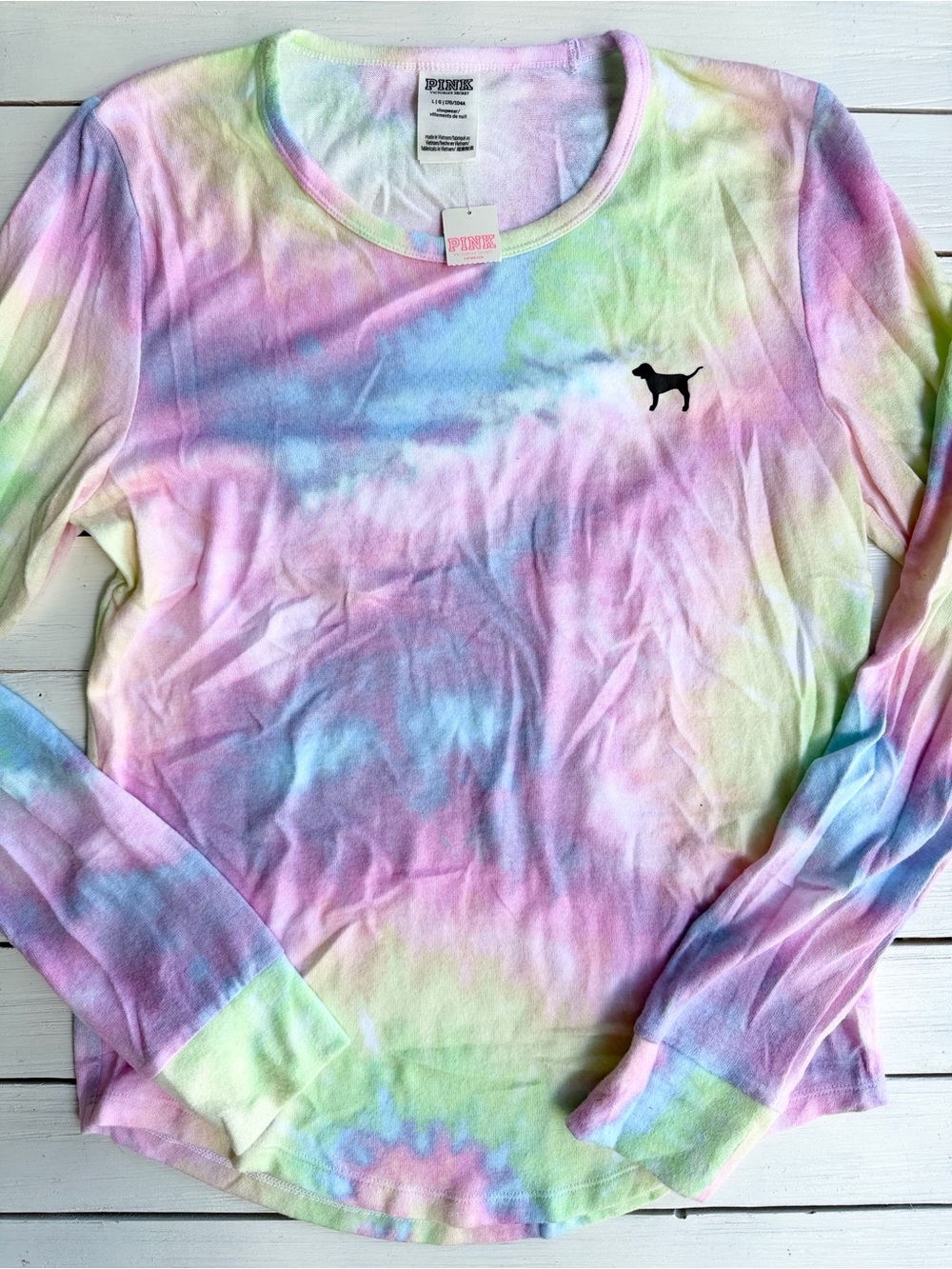 NWT VS PINK Pastel Tie-Dye Long Sleeve Sleepwear Crewneck Top size Large